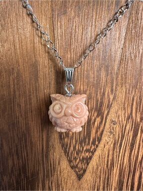 Mini Alashan Agate Owl Charm Pendant  Necklace on Chain